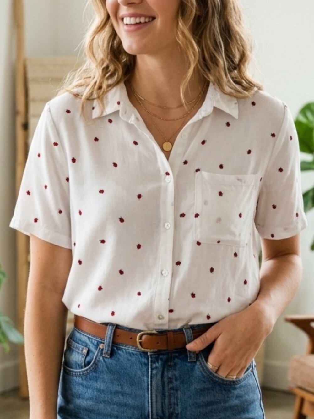 Japna Ladybug Button-Down Collared Blouse Red White Top Size S